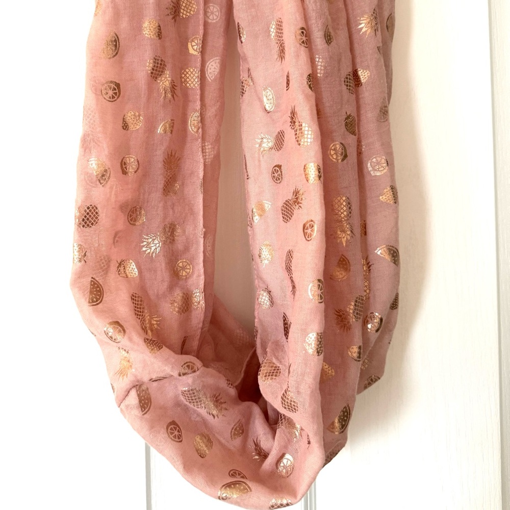 🍍Super Cute Mauve Pink Infinity Scarf with Gold Pineapple & Summer Fruit Print 🍉